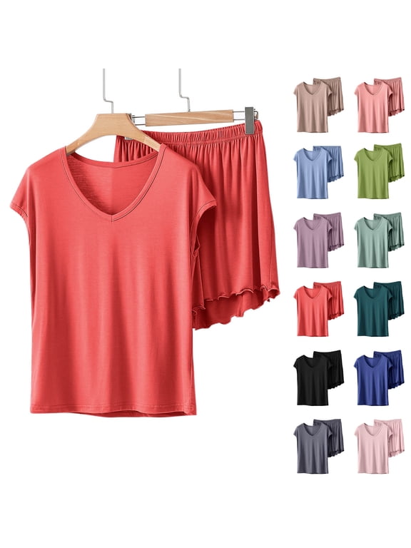 Short Sleeve Pajamas Sets for Women 2 Pieces Modal Homewear Shorts & Top Sleepwear Loungewear Casual,Lightweight Womens PJ Sets Soft