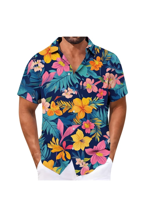 Short Sleeve Shirts for Men Button down Pockets Work Shirts Summer Gift for Men Hawaiian Holiday Tops Vacation Collared Mens T-Shirts Floral Pattern,Size XXXL