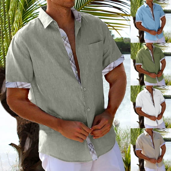 Vetsdori Short Sleeve Shirts for Men Collar Polo Dress Shirts Button down Pockets Summer Work Patchwork Casual Gift for Men Mens T-Shirts Cotton Linen