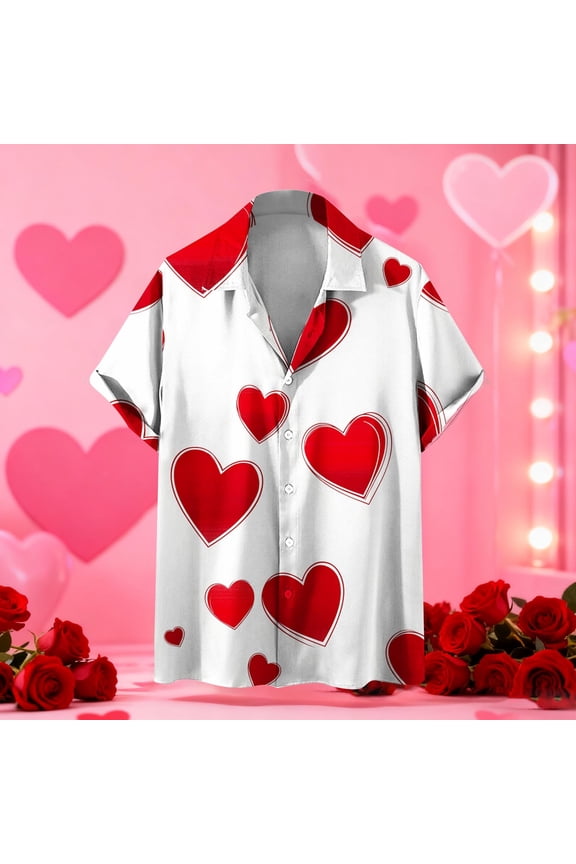 Short Sleeve Shirts for Men Polo Collar Dress Shirts Summer Button up Work Casual Heart Print Mens T-Shirts Gift for Men