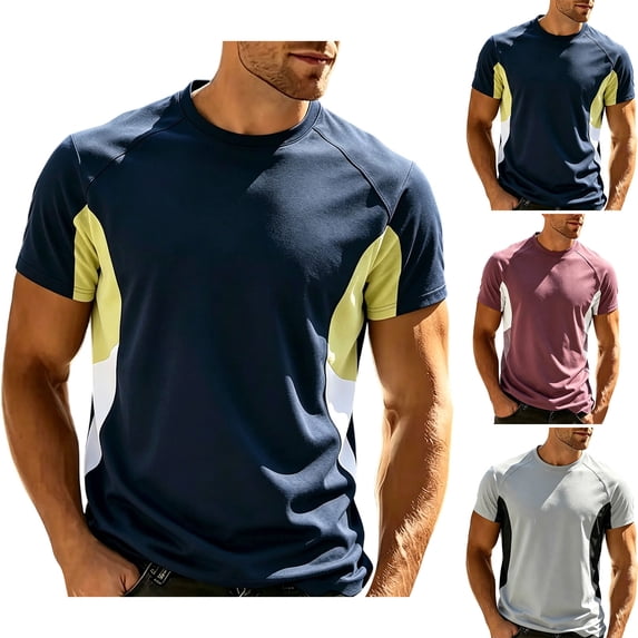 Vetsdori Short Sleeve T-Shirts for Men Fashion Sport Pullover Breathable Summer Crew Neck Color-Block Mens Tops Trendy