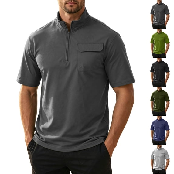 Vetsdori Short Sleeve Tops for Men Summer Pocket Pullover Athletic Trendy Casual Stand-Up Collar Mens Shirts Zippered