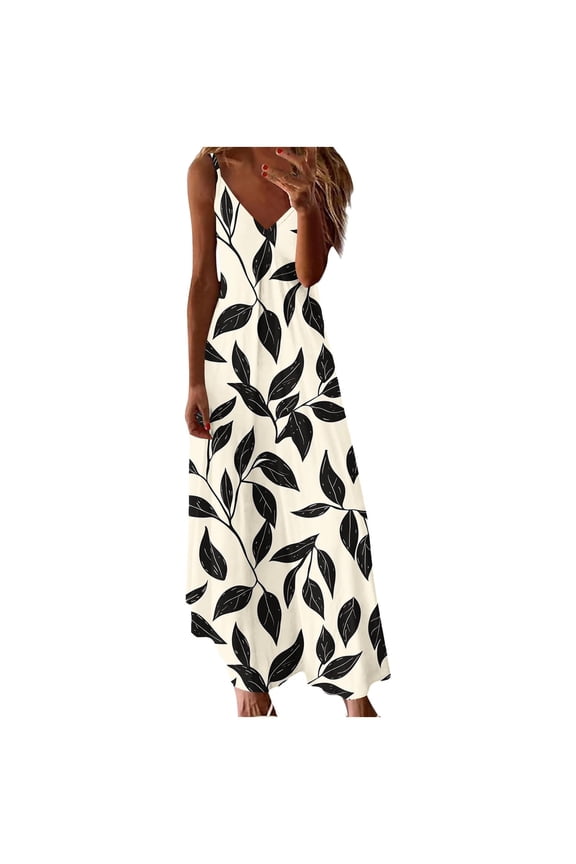 Sleeveless Maxi Dresses for Women Graphic Beach Slip Dress Black Sundress Tank Summer,V-Neck Holiday Juniors Dress Vacation