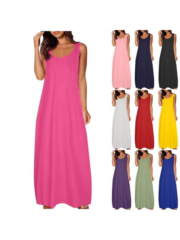 Sleeveless Maxi Dresses for Women Plain Beach Slip Dress Summer Sundress Red Tank,Pockets Outfits Ladies Dress Crew Neck