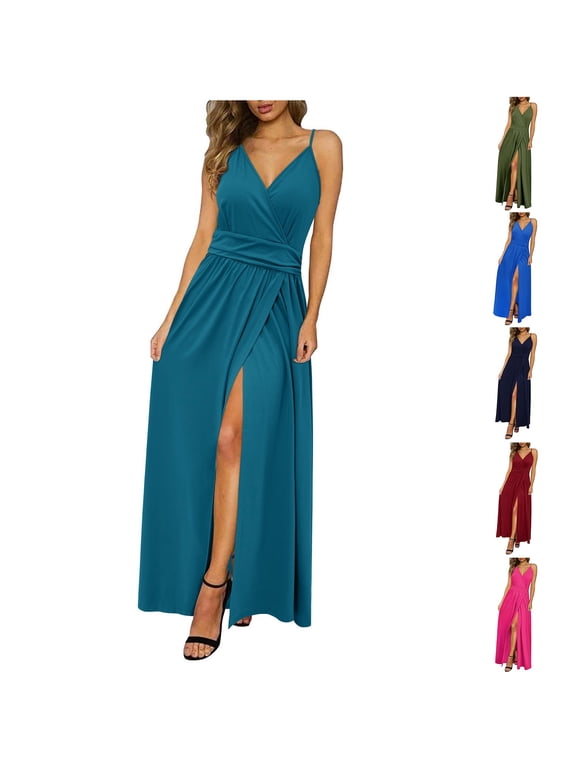 Sleeveless Maxi Dresses for Women Plain Party Slip Dress Holiday Cocktail,Summer Tank Lightweight Juniors Dress V-Neck