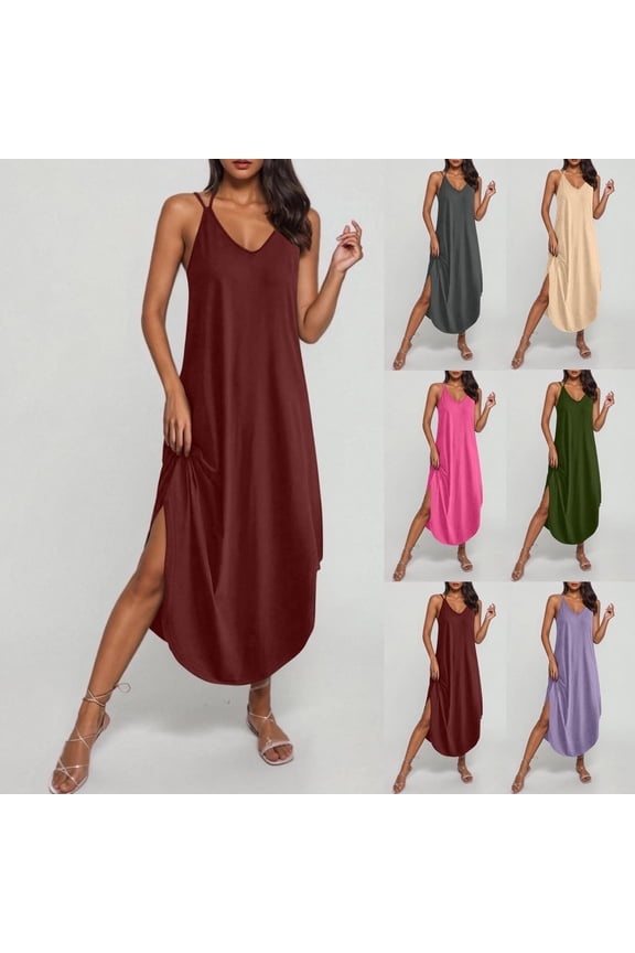Sleeveless Maxi Dresses for Women Solid Color Tank Slip Dress Casual Party Evening Gown,V-Neck Summer Ladies Dress Pockets