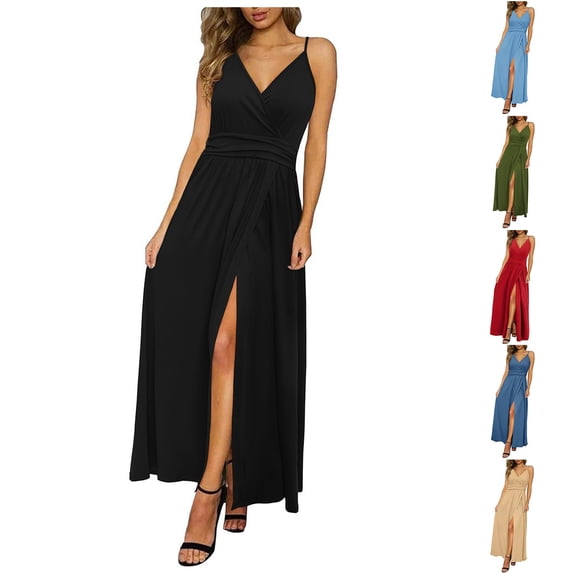 Vetsdori Sleeveless Maxi Dresses for Women Summer Slip Dress Tank Party,Holiday V-Neck Cocktail Pleated Juniors Dress Mujer