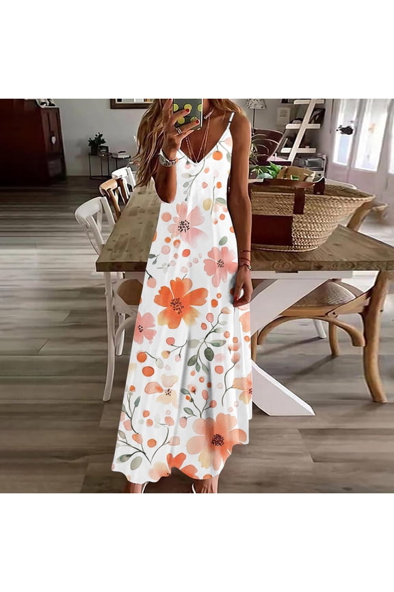 Sleeveless Maxi Dresses for Women Tank Graphic Slip Dress Summer,Vacation Beach V-Neck Casual Ladies Dress Sundress