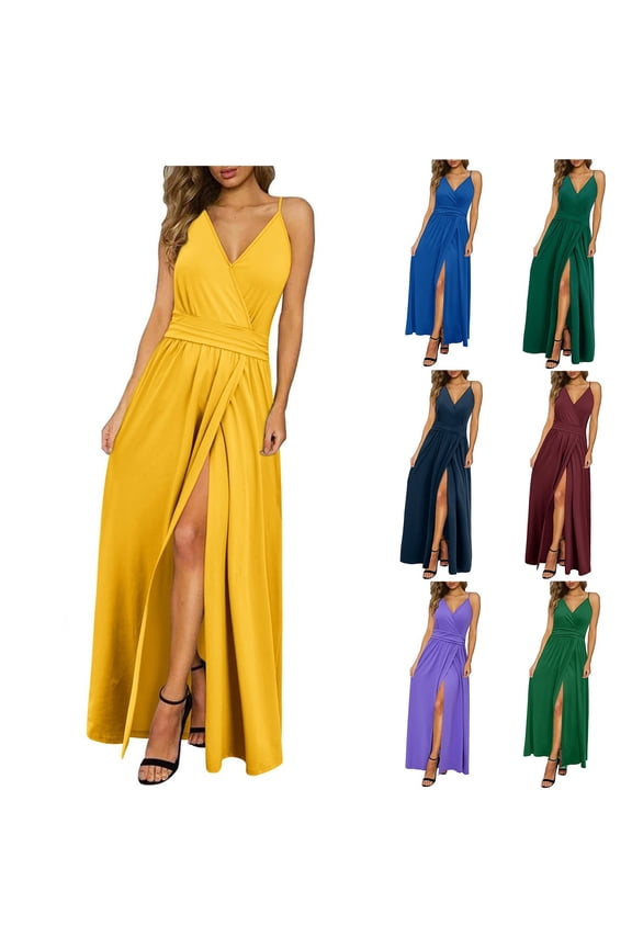 Sleeveless Maxi Dresses for Women Tank Slip Dress Cocktail Pleated Party Summer,Casual V-Neck Juniors Dress Solid Color