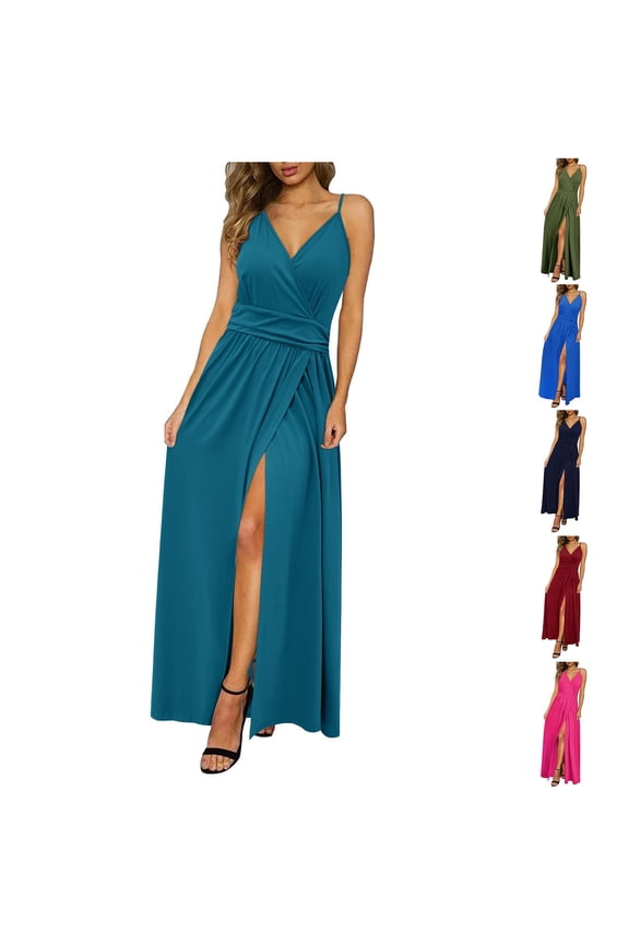 Sleeveless Maxi Dresses for Women Tank Slip Dress Pleated Party Casual Solid Color,Cocktail V-Neck Juniors Dress Summer