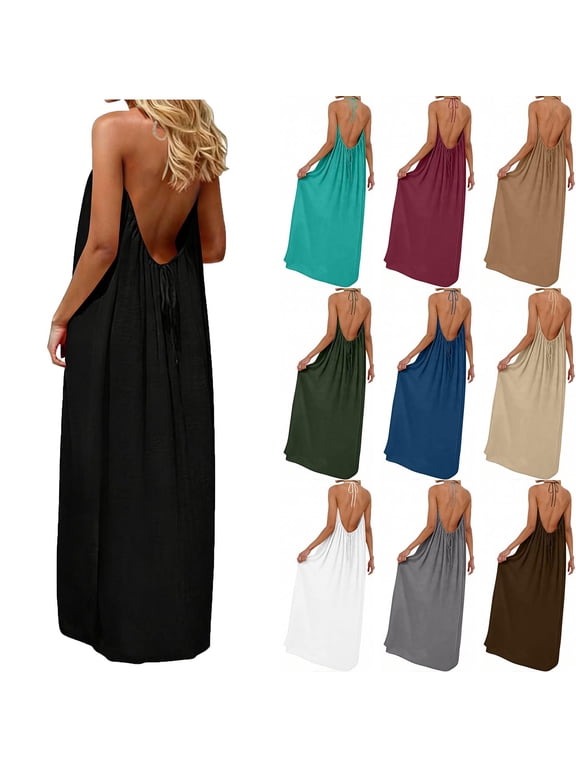 Sleeveless Maxi Dresses for Women's Plain Backless Slip Dress Summer Crew Neck,Casual Sundress Tank Womens Dresses Outfits
