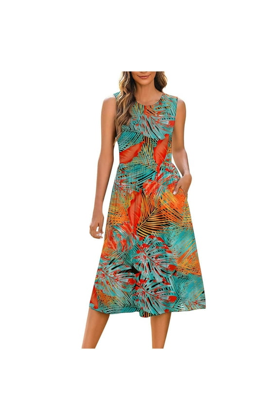 Sleeveless Midi Dresses for Women Casual Graphic Slip Dress Sundress,Beach Summer Crew Neck Vacation Juniors Dress Tank