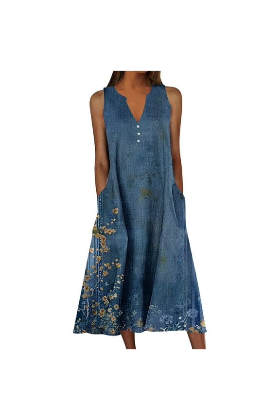 Sleeveless Midi Dresses for Women Floral Print Casual Slip Dress Plus Size Sundress,Summer V-Neck Mujer Womens Dress
