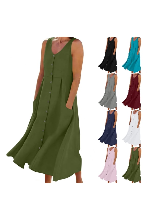 Womens Sleeveless Midi Dresses Cotton Linen Sundress Slip Dress,Lightweight Summer Party Trendy Dress for Junior Pockets
