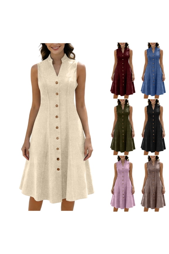 Sleeveless Midi Dresses for Women Plain Slip Dress Summer Tank,Cotton Linen Casual Sundress Womens Dress V-Neck
