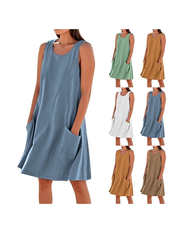Sleeveless Midi Dresses for Women Plain Tank Slip Dress Holiday Summer,Beach Crew Neck Pockets Ladies Dress Outfits