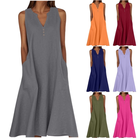 Vetsdori Sleeveless Midi Dresses for Women Summer Plain Slip Dress Sundress Cotton Linen Tank,Beach Outfits Womens Dress V-Neck
