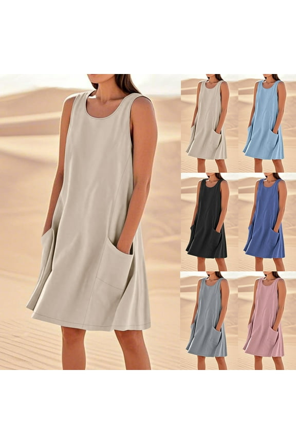 Sleeveless Midi Dresses for Women Tank Holiday Slip Dress Summer Beach Plain,Sundress Pockets Juniors Dress Outfits