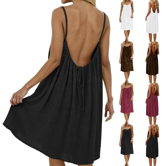 Vetsdori Sleeveless Midi Dresses for Women's Backless Tank Slip Dress Summer Crew Neck,Plain Beach Black Ice Slik Lightweight Womens Dresses