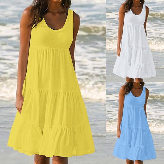 Vetsdori Sleeveless Mini Dresses for Women Plus Size Plain Slip Dress Summer Sundress,Tank Beach White Pleated Womens Dresses Outfits