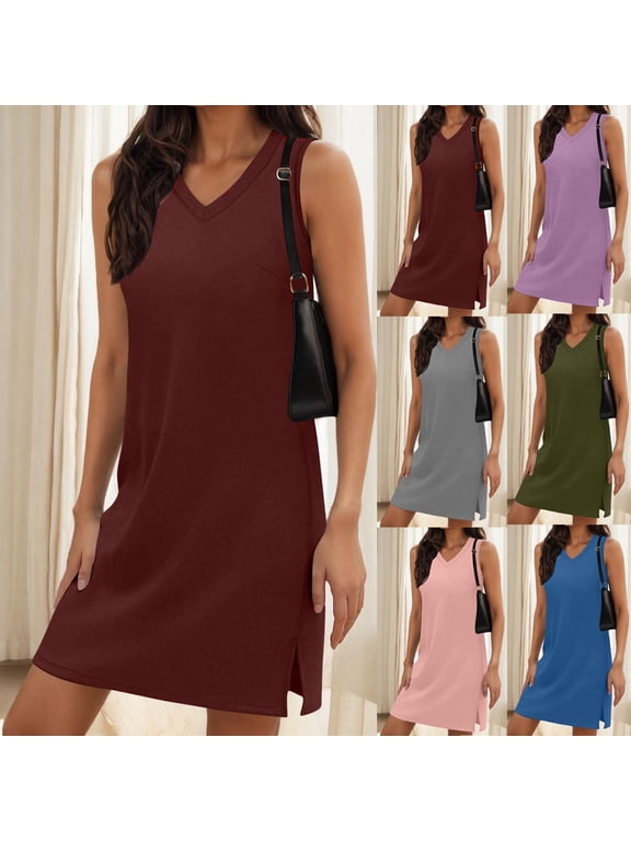 Sleeveless Mini Dresses for Women Slip Dress Holiday Shirt Dress,Tank Summer Solid Color Juniors Dress V-Neck