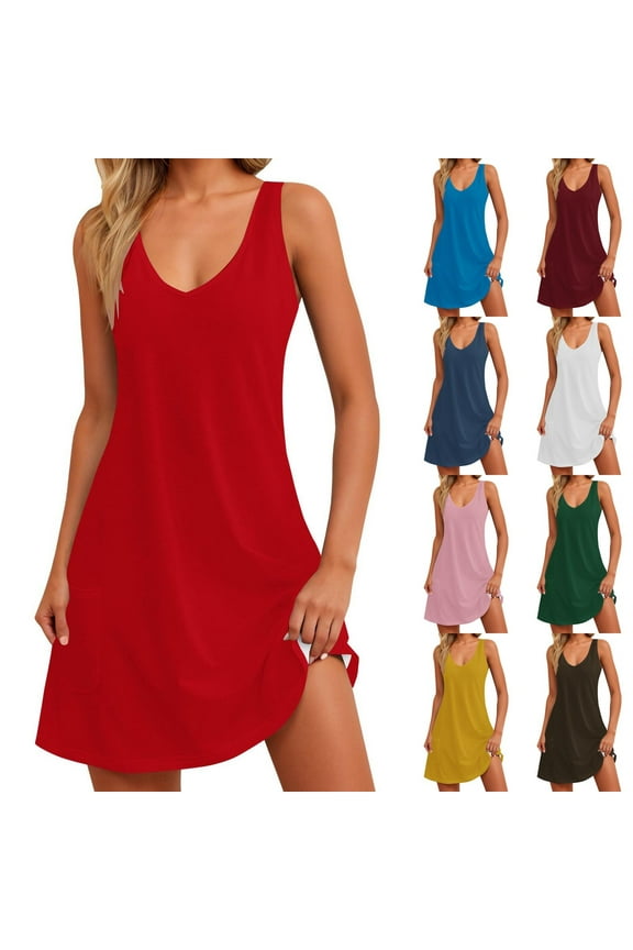 Sleeveless Mini Dresses for Women Solid Color Slip Dress Summer Holiday,Sundress Beach V-Neck Tank Ladies Dress Pockets
