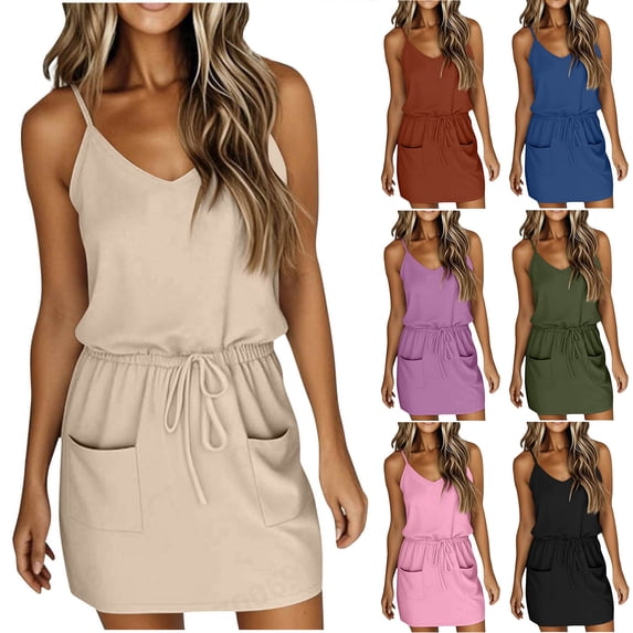 Vetsdori Sleeveless Mini Dresses for Women Sundress Slip Dress Summer Beach,Tank Solid Color Casual V-Neck Ladies Dress Pockets