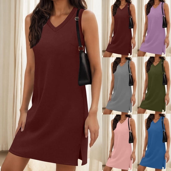 Vetsdori Sleeveless Mini Dresses for Women Tank Casual Slip Dress Solid Color Shirt Dress Summer,Juniors Dress V-Neck