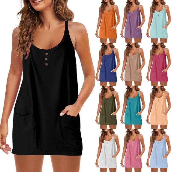 Vetsdori Sleeveless Mini Dresses for Women Tank Slip Dress Summer Casual,Beach Solid Color Sundress Boat Neck Ladies Dress Button