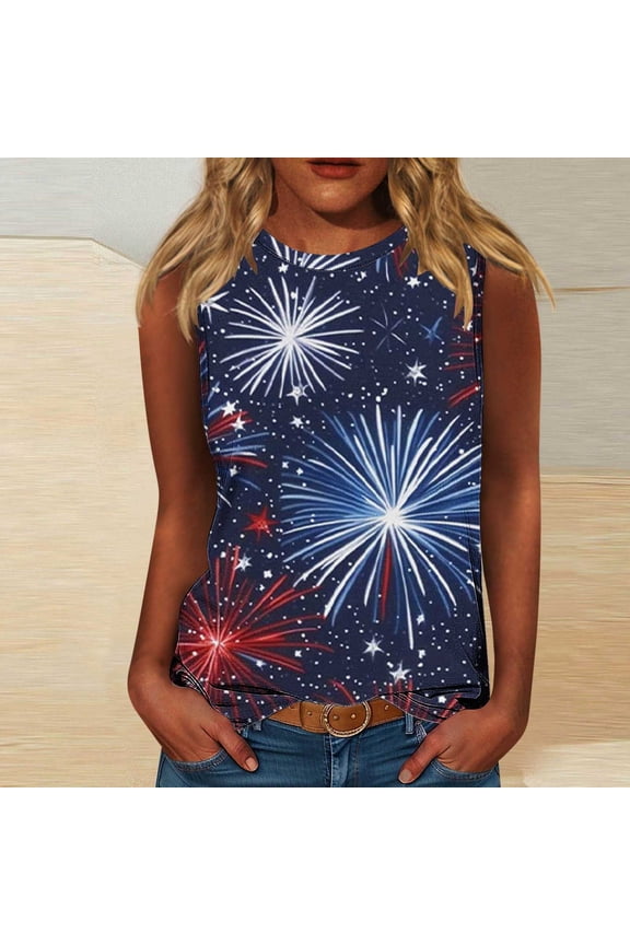 Sleeveless Tank Tops for Women's July 4th Plus Size Summer Tshirts Work Red White and Blue Undershirts Camisole Independence Day Patriotic Juniors Tops Fashion