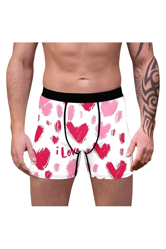 Soft Boxers for Men Holiday Trunks Cozy Boxer Briefs Valentine's Day Gift for Boyfriend Elastic Waist Mens Underwear Heart Print