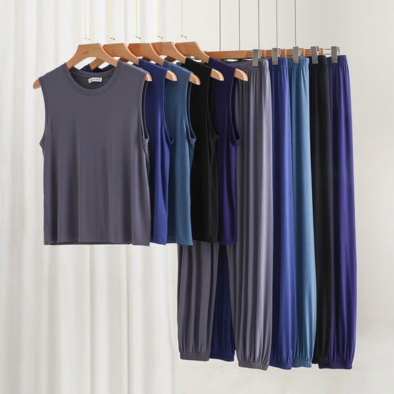 Vetsdori Soft Pajamas Sets for Men Comfy 2 Pieces Sleepwear Sleeveless shirts and Pants Modal Big and Tall Stylish Plain Mens Loungewear