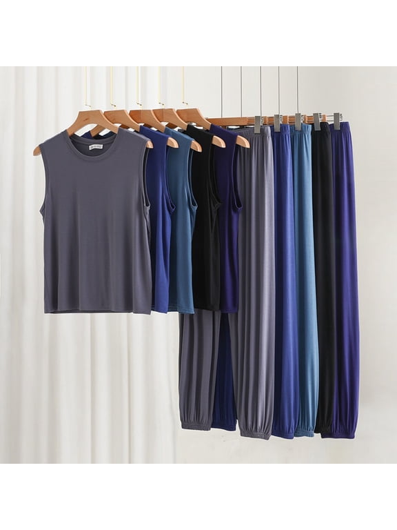 Soft Pajamas Sets for Men Modal Big and Tall 2 Pieces Sleepwear Sleeveless shirts and Pants Comfy Cozy Plain Casual Mens Loungewear