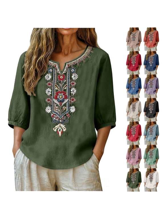 Summer Embroidered Tops For Women 3/4 Sleeve Boho Linen Shirts Plus Size V Neck Tunic Peasant Clothes