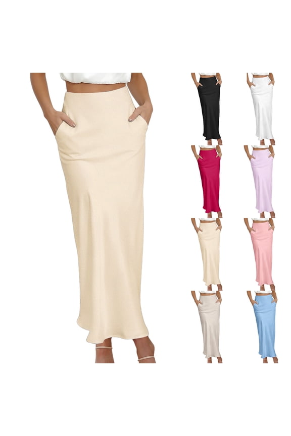 Summer Ladies' Fashion Solid Color Chiffon Satin Midi Dress With Pockets