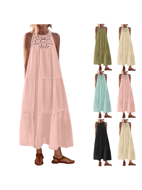 Summer Maxi Dresses for Women Casual Slip Dress Tank Solid Color,Crew Neck Sleeveless Juniors Dress Shirt Dress