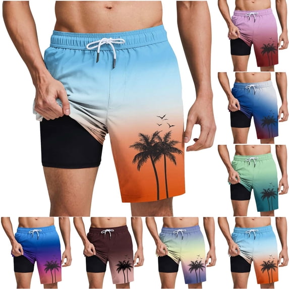 Vetsdori Summer Swim Trunks With 2 in 1 for Men Athletic Pocket Pull-On Swim Shorts Lightweight,Hawaii Elastic Waist Breathable Style Mens Beach Shorts Casual