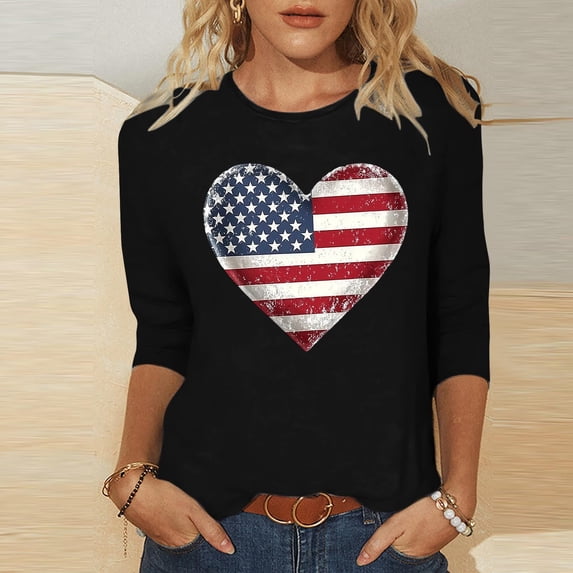 Vetsdori Summer T Shirts for Women 3/4 Sleeve Plus Size Crew Neck Pullover Red White and Blue,Graphic American Flag Fourth of July Independence Day Ladies Tops Casual