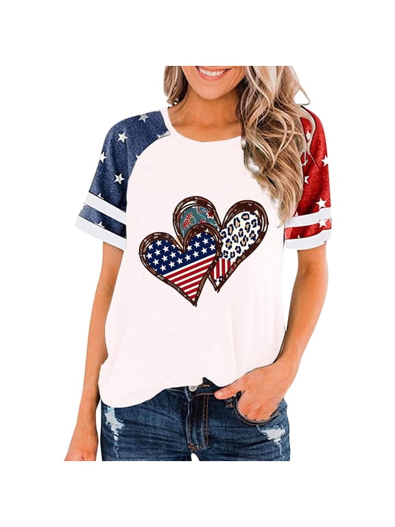 Summer T Shirts for Women American July 4th Pullover Short Sleeve Red White and Blue , Graphic Independence Day Red White and Blue Casual Juniors Tops Crew Neck
