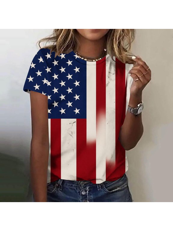 Summer T Shirts for Women Short Sleeve Plus Size Red White and Blue Pullover July 4th American Independence Day Casual , Graphic Crew Neck Juniors Tops Fashion