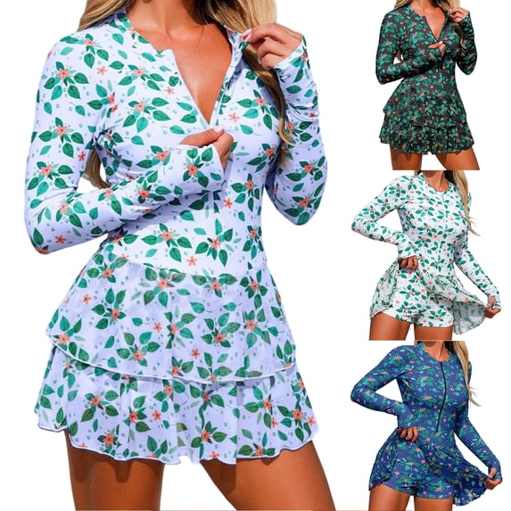 Vetsdori Tankini Bathing Suits for Women One Piece Floral Print Swimwear Skirt Rashguard Vacation Half Zipper Cover,Padded Wireless Womens Swim Suits Casual