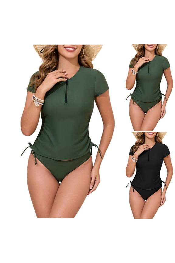 Tankini Swim Suits for Women Two Piece Summer Bathing Suits Modest Slim Tummy Control Trajes De Bano Mujer,Long Sleeved Tops and Bottoms Ladies Swimwear Solid Color