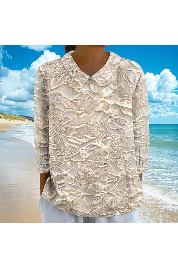 Three Quarter Sleeve Tops for Women Graphic Pullover Collared Trendy,Summer Lightweight Crew Neck Juniors Blouses Dressy