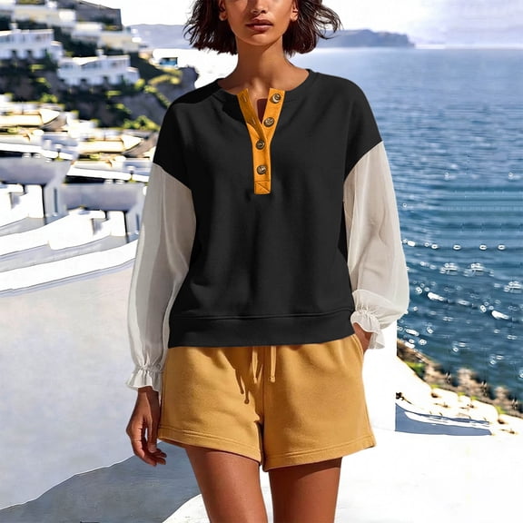 Vetsdori Tops Sweatshirts for Women Henley Winter Pullover Long Sleeve Work,Para Color Block Lightweight Button down Womens Sweatshirts Mujer,Black,Size:L