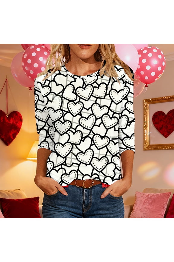 Tops for Junior Three Quarter Sleeve Tunic Pullover Casual Valentine Round Neck,Love Heart Print Summer Womans T-shirts Lightweight