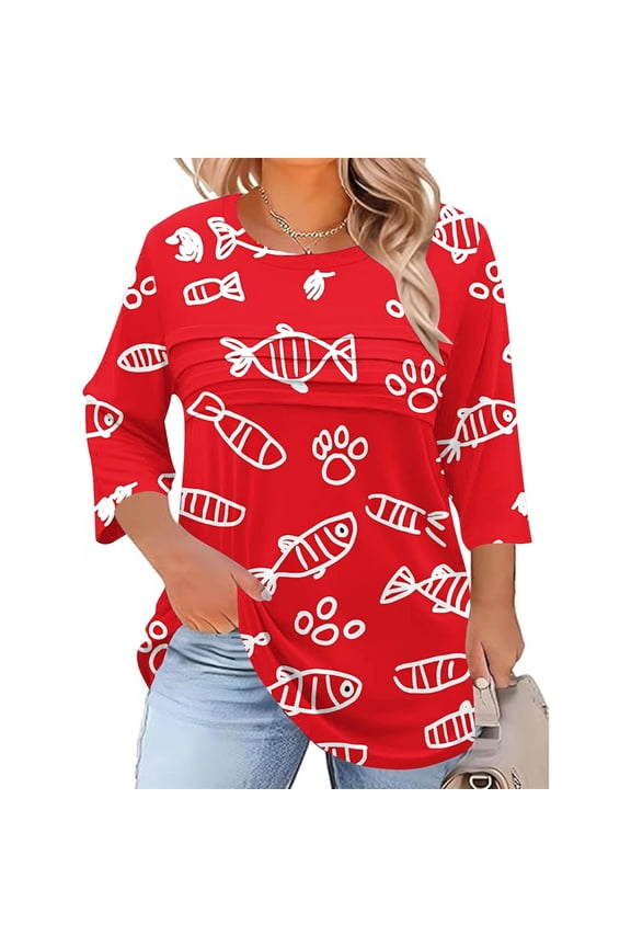 Tunic Blouses for Women Plus Size Graphic Pullover 3/4 Sleeve Pleated,Holiday Summer Womens Tops Lightweight