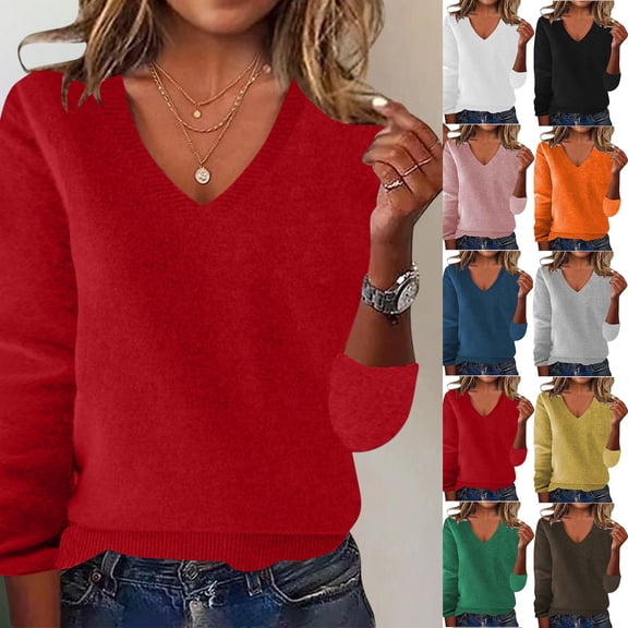 Vetsdori V-Neck Sweaters for Women Knitting Soft Pullover Long Sleeve Warm Winter Red Womens Sweaters Plain