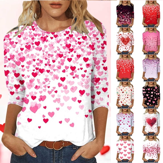 Vetsdori Valentine Tops for Junior Plus Size Summer Blouses Casual Gifts for Girlfriend,Graphic 3/4 Sleeve Crew Neck Ladies Shirts Cute