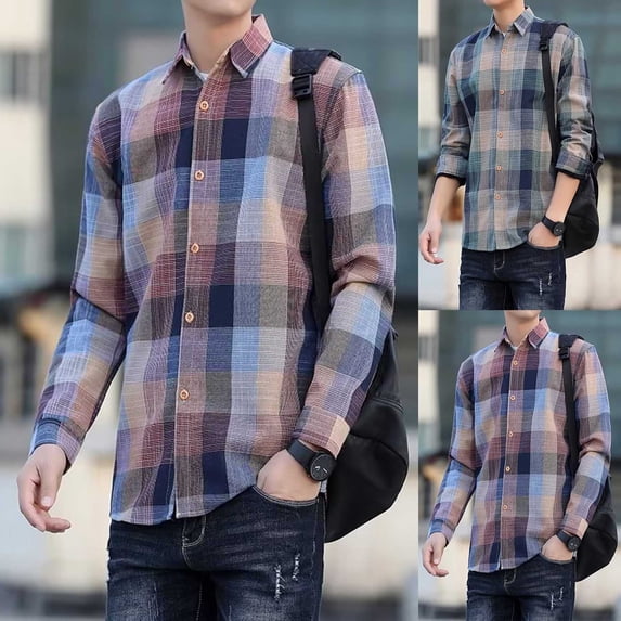 Vetsdori Winter Tops for Men Long Sleeve Plaid Button Down Fashion Outdoor Trendy Collar Mens Shirts Graphic