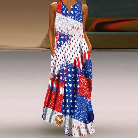 Vetsdori Women's Fourth of July Maxi Dress Red White and Blue Summer Slip Dress Star Print Party Tank,Backless Ankle Length Dress for Women Outfits